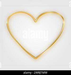 Sottile cornice a cuore dorato. Golden Realistic Heart Border. Il lusso, simbolo dell'amore. Illustrazione Vettoriale