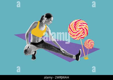 Foto creativa immagine collage giovane fit sportivo ragazza allenamento riscaldamento stretching gamba lecca yummy cibo malsano dieta calorie Foto Stock