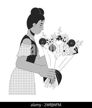 Giovane donna nera che riceve il bouquet di personaggi dei cartoni animati 2D in bianco e nero Illustrazione Vettoriale