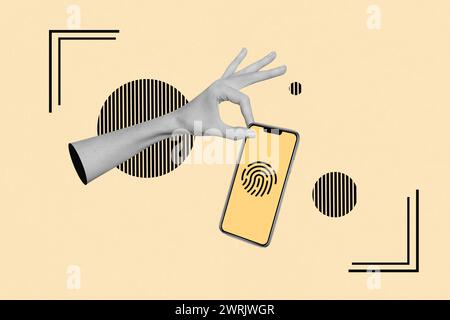 Accesso sicuro collage grafica autorizzazione immagine dati biometrici delle impronte digitali validi per l'utilizzo di smartphone isolato su sfondo giallo Foto Stock