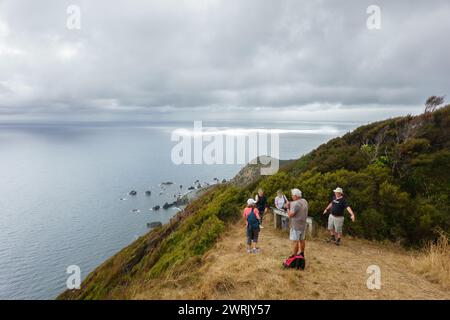 Febbraio 26 2024; gruppo di escursionisti si riuniscono alla fine del sentiero Okupe Walk che si affaccia sull'oceano. Foto Stock