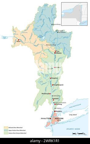 Mappa dello spartiacque del fiume Hudson, New York, Stati Uniti Foto Stock