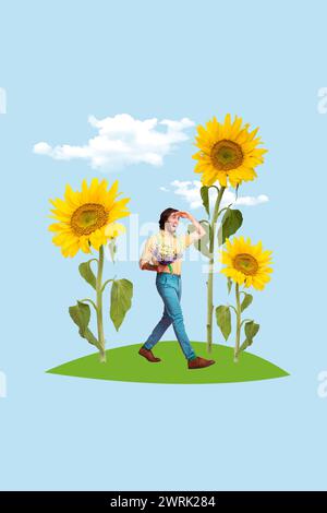 Immagine grafica composita di tendenza foto collage 3d di un giovane hipster eccitato bouquet di fiori di primavera tenere in mano un enorme girasole dietro Foto Stock