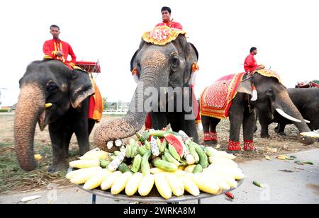 Ayutthaya, Thailandia. 13 marzo 2024. Gli elefanti gusteranno un 'buffet' di frutta e verdura durante la celebrazione nazionale del giorno degli elefanti della Thailandia nell'antica città di Ayutthaya. I thailandesi hanno onorato l'elefante lunedì con frutta speciale e cerimonie buddiste in tutto il paese per rendere omaggio ai loro animali nazionali. (Foto di Chaiwat Subprasom/SOPA Images/Sipa USA) credito: SIPA USA/Alamy Live News Foto Stock