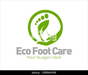 eco cura del piede con la figura a foglia del piede per il servizio sanitario e logo spa Illustrazione Vettoriale