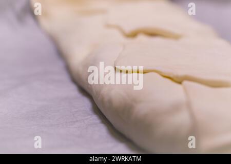 Produzione di strudel fille classico con mele, mirtilli rossi, noci e cannella Foto Stock