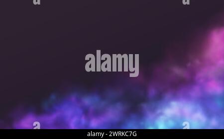 Fumo blu e viola realistico su uno sfondo nero, illuminato dalla luce al neon con movimento dinamico. Sfondo vettoriale astratto con brillante neon viola Illustrazione Vettoriale