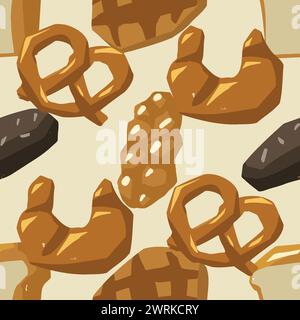 Disposizione senza cuciture di vari tipi di pane. Waffle, pane, baguette, panini, pretzel, croissant e altri prodotti da forno Illustrazione Vettoriale