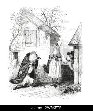 Animali antropomorfi. Animali umanizzati.Fox è innamorato di una donna di pollo. marito sta guardando questo. animali cyborg. Alieni. illustrazione vintage. Foto Stock