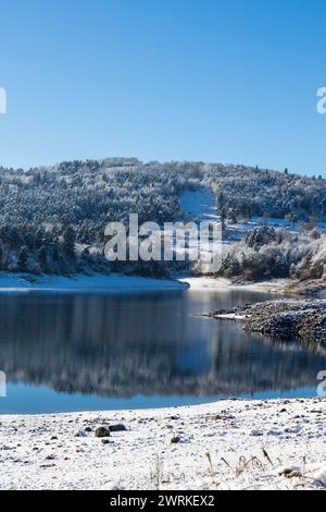 LAC de Lavalette entourée d’une Forêt de sapins, dans les Gorges du Lignon, sous les premières neiges de l’hiver Foto Stock