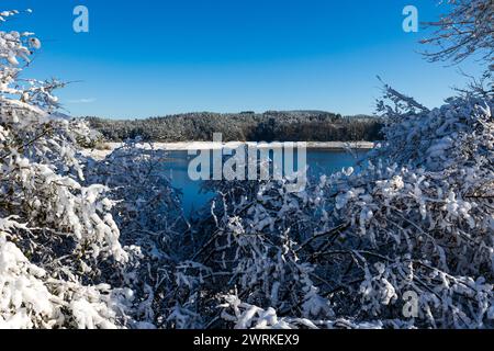 LAC de Lavalette entourée d’une Forêt de sapins, dans les Gorges du Lignon, sous les premières neiges de l’hiver Foto Stock