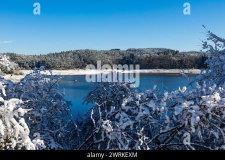 LAC de Lavalette entourée d’une Forêt de sapins, dans les Gorges du Lignon, sous les premières neiges de l’hiver Foto Stock