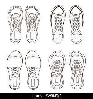 Collezione di scarpe da ginnastica maschile in stile art-line. Scarpe casual disegnate a mano. Illustrazione vettoriale isolata su sfondo bianco. Illustrazione Vettoriale