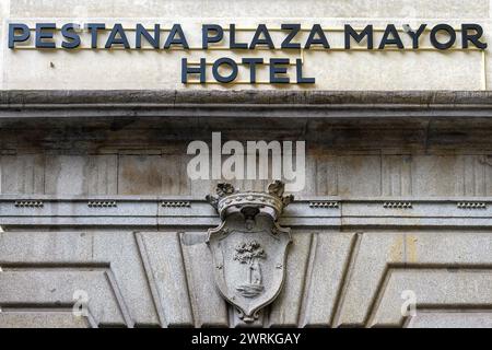 Ingresso facciata al Pestana Plaza Mayor Hotel a Madrid, Spagna Foto Stock