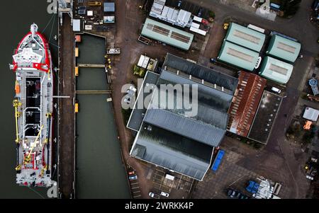 KINDERDIJK - foto del drone del cantiere navale Royal IHC. Il gabinetto non ha ancora preso una decisione sull'assegnazione di quattro sottomarini, ma il Parlamento vuole già discuterne dopo che è trapelato che la Marina francese li costruirà. La Naval lavora insieme al Royal IHC. ANP JEFFREY GROENEWEG netherlands Out - belgio Out Foto Stock