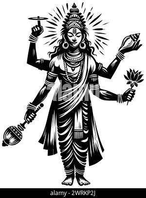 Illustrazione in stile xilografico del dio indù Shiva su sfondo bianco. Illustrazione Vettoriale