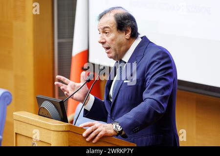 Roma, Italia. 13 marzo 2024. Il viceministro dell'economia Maurizio Leo durante il convegno sulla riforma fiscale organizzata dal MEF alla camera dei deputati. Roma, Mercoled&#xec;, 13 marzo 2024 (foto Roberto Monaldo/LaPresse) Vice Ministro dell'economia Maurizio Leo durante la conferenza sulla riforma fiscale alla camera dei deputati. Roma, mercoledì 13 marzo 2024 (foto di Roberto Monaldo/LaPresse) credito: LaPresse/Alamy Live News Foto Stock