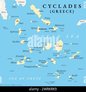 Cicladi, gruppo di isole greche nel Mar Egeo, mappa politica. Sud-est della Grecia continentale. Foto Stock