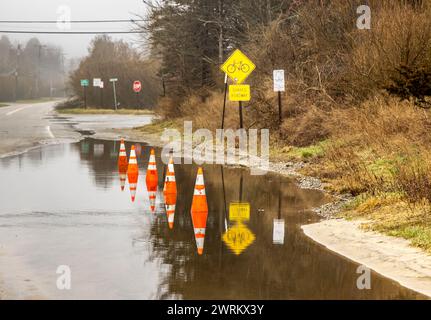 linea di coni stradali arancioni in una pozzanghera d'acqua Foto Stock