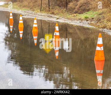 linea di coni stradali arancioni in una pozzanghera d'acqua Foto Stock