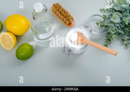 Prodotti naturali per la pulizia della casa bicarbonato di sodio, aceto bianco, agrumi, spazzola su sfondo grigio. Foto Stock