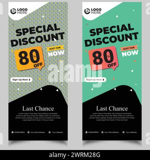 Design di modelli di banner roll-up scontati per un moderno design di modelli di banner verticali. Design del volantino per brochure. Illustrazione Vettoriale