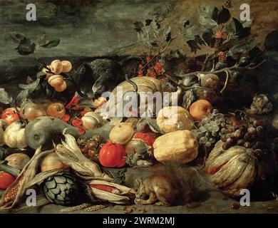 Natura morta di frutta e verdura (olio su tavola)titolo: -- Snyders o Snijders, Frans (1579-1657) Foto Stock