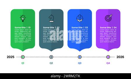 Modello infografico con icone e 4 opzioni o passaggi. Piano trimestrale. Può essere utilizzato per layout del flusso di lavoro, diagrammi, banner, webdesign. Illustrati vettoriali Illustrazione Vettoriale