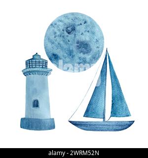 Faro monocromatico acquerello, luna e barca a vela di colore blu Foto Stock