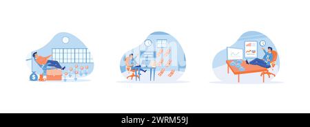 Concetto di reddito passivo, stipendio e profitti, Un uomo si rilassa davanti a un computer per guadagnare soldi, un uomo d'affari si rilassa sulla sedia lavorando con il computer An Illustrazione Vettoriale