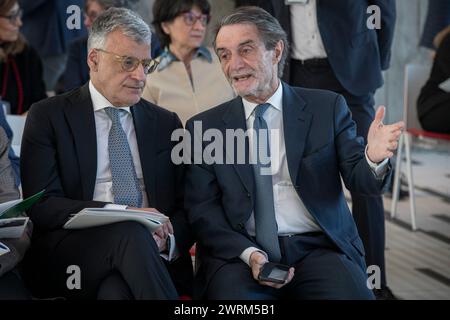 Milano, Italia. 13 marzo 2024. (Da sinistra) Claudio Sgaraglia, Attilio FontanaMilano, Italia - Cronaca Martedì, marzo 12, 2024. (Foto di Marco otto/Lapresse) Conferenza sulla cooperazione come bene per la valorizzazione dei beni confiscati Milano, Italia - News martedì 12 marzo 2024. (Foto di Marco otto/Lapresse) credito: LaPresse/Alamy Live News Foto Stock