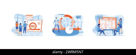 Strategia di gestione dei processi. Metodologia di sviluppo agile. Lavagna bianca e processo lavoro di squadra, metodologia dello schema. Set di sviluppo Agile vec. Piatta Illustrazione Vettoriale