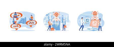 Intelligenza artificiale ai.fabbrica di robot per il settore aziendale.cervello con rete neurale su laptop e scienziati. Intelligenza artificiale - set vec. Piatto Illustrazione Vettoriale