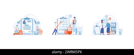 Glucometro per il test del sangue a livello di zucchero con drodern, concetto di diabete di medicina, controllo del diabete e concetto di assistenza sanitaria. Vettore piatto impostato per il livello di diabete Illustrazione Vettoriale