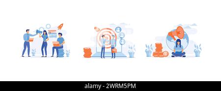 Team di marketing. Attività pubblicitarie. Servizio di marketing professionale. Il marketing aziendale imposta un vettore piatto illustrazione moderna Illustrazione Vettoriale