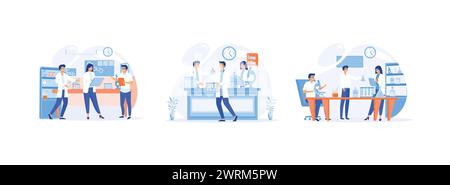 Scienziati in laboratorio, scienziati che indossano camici da laboratorio, interni di laboratorio, apparecchiature e vetreria da laboratorio. Set da laboratorio, grafica moderna con vettore piatto Illustrazione Vettoriale