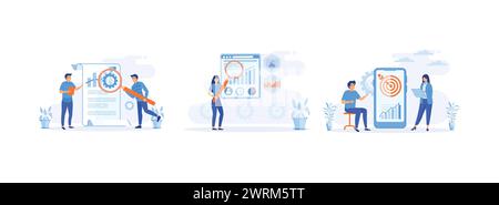 Persone che analizzano il mercato. Ottimizzazione seo pianificazione. Discussione sulla strategia di marketing e seo. Il marketing aziendale imposta un vettore piatto illustrazione moderna Illustrazione Vettoriale