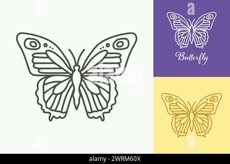 Una farfalla è disegnata in una serie di tre colori diversi. La farfalla è disegnata in uno stile molto semplice, senza ombreggiature o dettagli Illustrazione Vettoriale