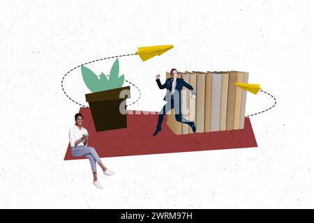 Foto collage creativo immagine due colleghi uomo d'affari donna casa casa flusso di lavoro carta volante aerei corrispondenza sfondo bianco Foto Stock