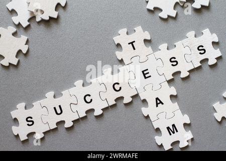 Tessere puzzle con lettere che formano parole di squadra e successo, concetto di lavoro di squadra Foto Stock