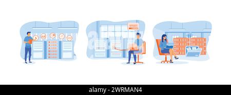 Manutenzione dei server con strumenti di monitoraggio. aggiornamenti e ottimizzazione dei sistemi informatici. Imposta il cloud computing nella sala rack server. Manutenzione del server Illustrazione Vettoriale