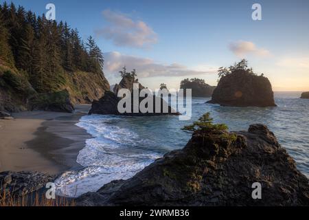 Splendido pomeriggio nel Samuel H Boardman Scenic Corridor vicino a Brookings, Oregon. Questa è Secret Beach. Foto Stock