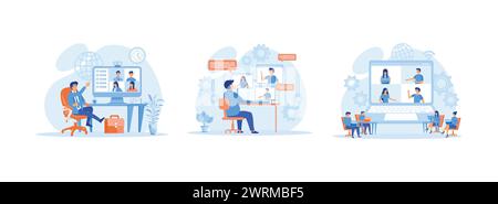 Lavoratore che utilizza un computer per riunioni virtuali collettive e videoconferenze di gruppo, laptop per riunioni video con colleghi e amici, attività online Illustrazione Vettoriale