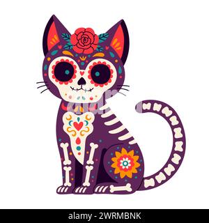 Giorno dei morti, dia de los muertos, teschio di gatto e scheletro decorato con coloratissimi elementi messicani e fiori. Illustrazione Vettoriale