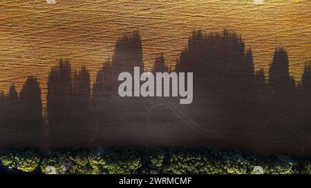 Vista aerea di grandi ombre gettate da alberi su un campo strutturato al tramonto, creando un sorprendente motivo naturale. Foto Stock