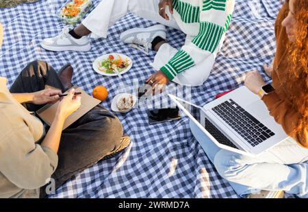 Corti irriconoscibili diversi gruppi di studenti si godono un picnic all'aperto, con un computer portatile e cibo sano su una coperta a scacchi. Foto Stock