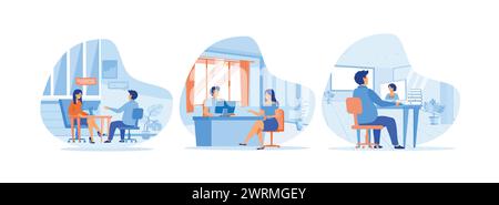 Colloquio di lavoro, donna che ha un colloquio di lavoro con un uomo d'affari delle risorse umane, uomo che parla con una giovane donna. impostare l'illustrazione moderna del vettore piatto Illustrazione Vettoriale