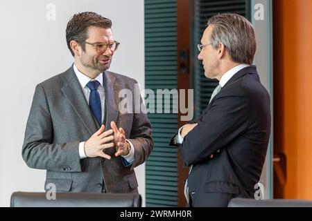 Marco Buschmann (FDP), Ministro federale della giustizia, in occasione di una riunione del Gabinetto federale il 13 marzo 2024 presso la Cancelleria federale di Berlino. Bundesjustify zminister Marco Buschmann (FDP) bei einer Sitzung des Bundeskabinetts am 13.03.24 im Bundeskanzleramt Berlin. Foto Stock