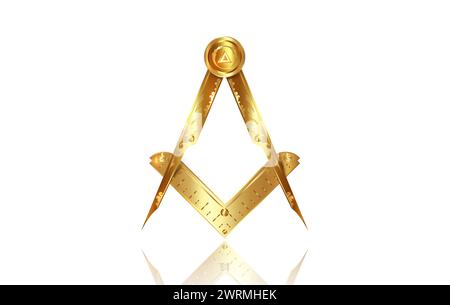 Emblema massonico in oro, il quadrato massonico e il simbolo della bussola. Tutti vedono l'occhio di dio nel triangolo geometrico sacro, muratura e simbolo illuminati, logo Illustrazione Vettoriale