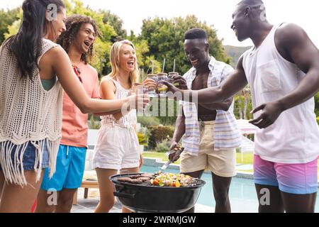 Gruppi di amici diversi che si godono un barbecue, brindano con sorrisi Foto Stock